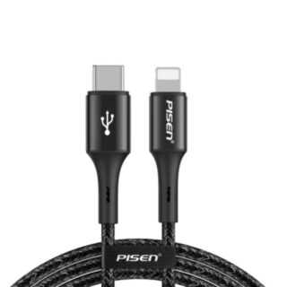 Pisen Braided Lightning to USB-C PD Fast Charge Cable (1.2M) Black-Supports 2.4A