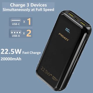 Pisen 22.5W Triple Port (Dual USB-A + USB-C) 20K Power Bank Black - Charge 3 Devices at the Same Time