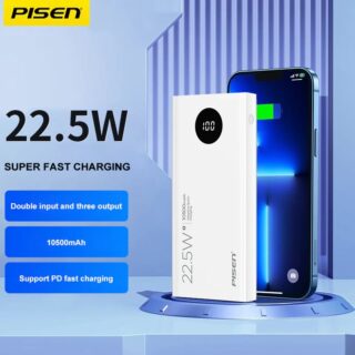Pisen 22.5W Triple Port (Dual USB-A + USB-C) 10500mAh Power Bank White - Charge 3 Devices at the Same Time