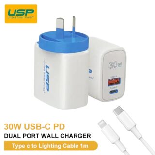 USP 30W Dual Ports (USB-C PD + USB-A QC3.0) Fast Wall Charger + Lightning Cable (1M) -Safe Charge