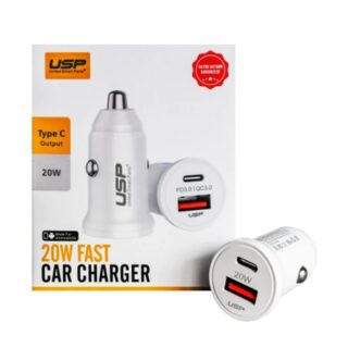 USP 20W Dual Ports (20W USB-C PD3.0 + 18W USB-A QC3.0) Fast Car Charger White - Intelligent Charging