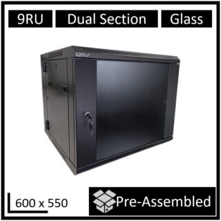 LDR Assembled 9U Hinged Wall Mount Cabinet (600mm x 550mm) Glass Door - Black Metal Construction - Top Fan Vents - Side Access Panels