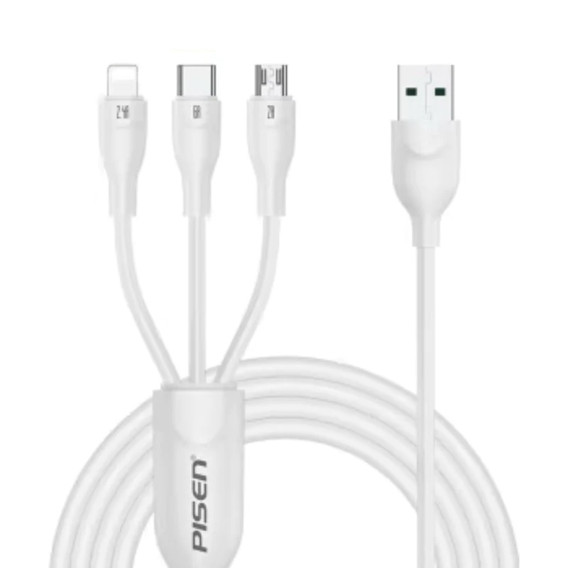 Pisen 3-in-1 USB-A to Lightning + USB-C + Micro-USB Cable (1.2M) White - 6A Superfast