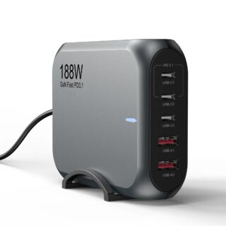USP 188W GaN 5 Ports USB-C PD Laptop Wall Charger Black - 3x USB-C