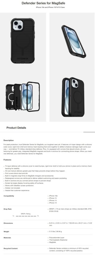 OtterBox Defender MagSafe Apple iPhone 17e /  iPhone 16e / iPhone 15/ iPhone 14 / iPhone 13 (6.1") Case Black- (77-97534)