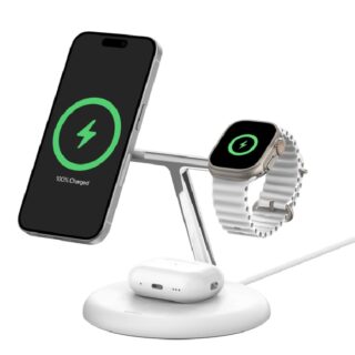 Belkin BoostCharge Pro 3-in-1 Magnetic Qi2 Wireless Charging Stand + 36W Wall Charger + USB-C Cable - White(WIZ023AUWH)