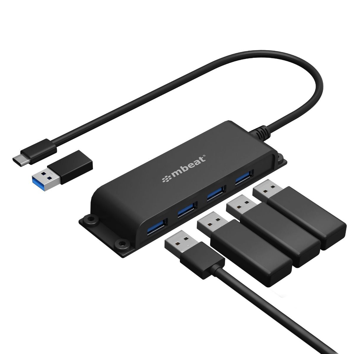 mbeat® Mountable 4-Port USB-A USB-C Adapter Hub - 60cm Data Cable