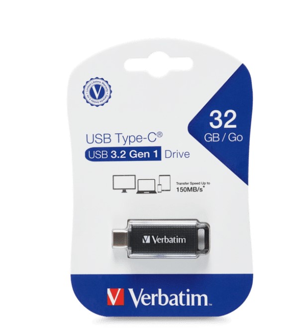 Verbatim 32GB Type-C USB 3.2 Flash Drive - Black Retail Pack 70903 Ultra Fast Transfer