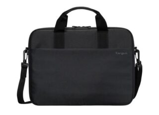 Targus 13-14" Intellect® Slim Briefcase Zippered padded front pocket Removable adjustable shoulder strap carry handles water-resistant fabric Black