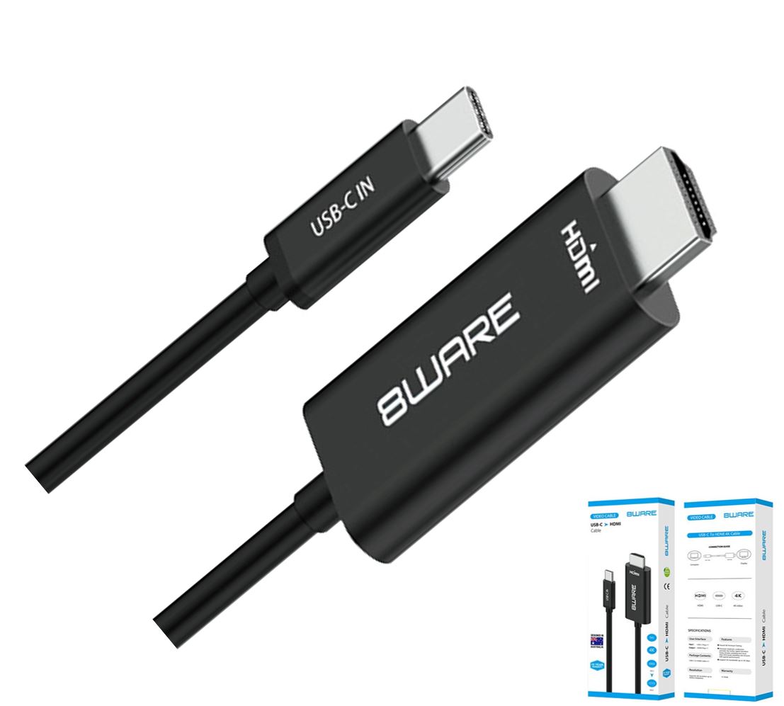 8ware 1m USB-C to HDMI 4K Male to Male Adapter Converter Cable Retail Pack for PC Notebook iPad MacBook Pro/Air Surface Dell XPS to Monitor Projector