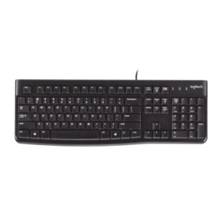 Logitech K120 Wired Keyboard Quiet typing Spill-resistant Durable keys Thin profile Curved space bar Adjustable tilt legs