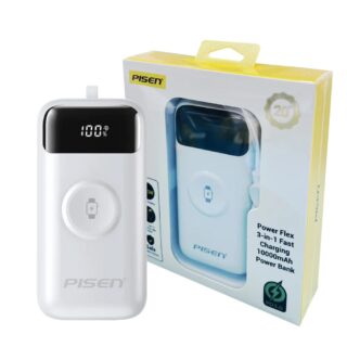 Pisen Flex 22.5W CCC-Certified 10K (10000mAh) Power Bank + Integrated Cable (Lightning + USB-C) + Watch Wireles Charging - White