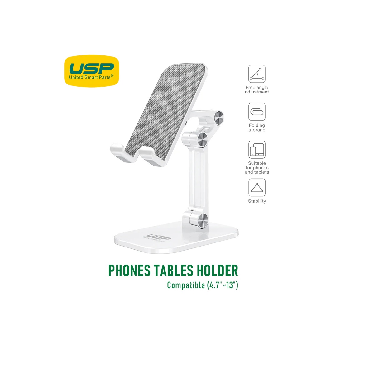 USP Phone/Desktop Stand/Holder for iPhone/iPad White - Foldable Phone Stand