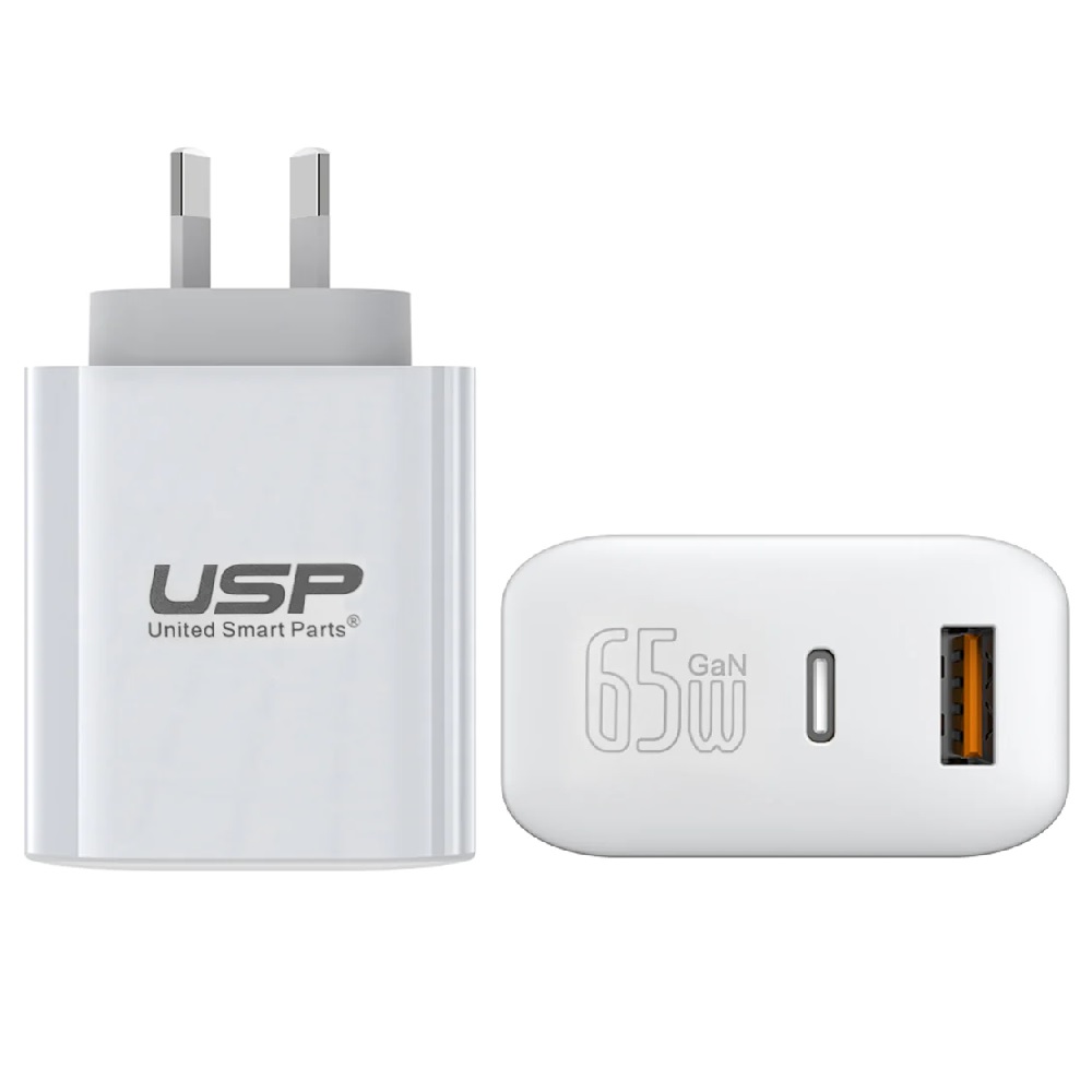 USP 65W Dual Port GaN Fast Wall Charger - White