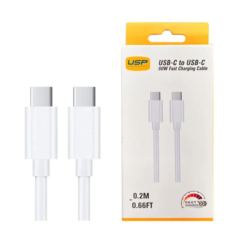 USP USB-C to USB-C 60W Mini Cable (0.2M) White - High Performance