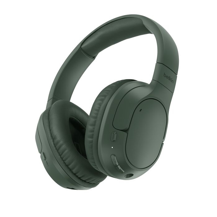 Belkin SoundForm Surround Wireless Over-The-Ear Headphones + USB-C Cable (1.2M) + Audio Cable (3.5mm) (1.2M) - Olive (AUD009FQOL)