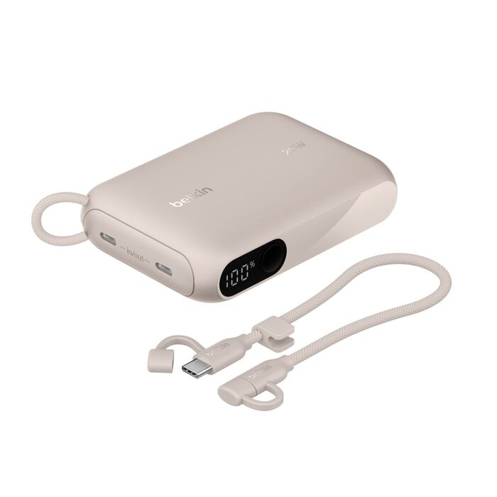Belkin BoostCharge Power Bank 10K with Display w/ Integrated USB-C to USB-C Cable 60W(15cm)- Sand(BPB027fqSD)