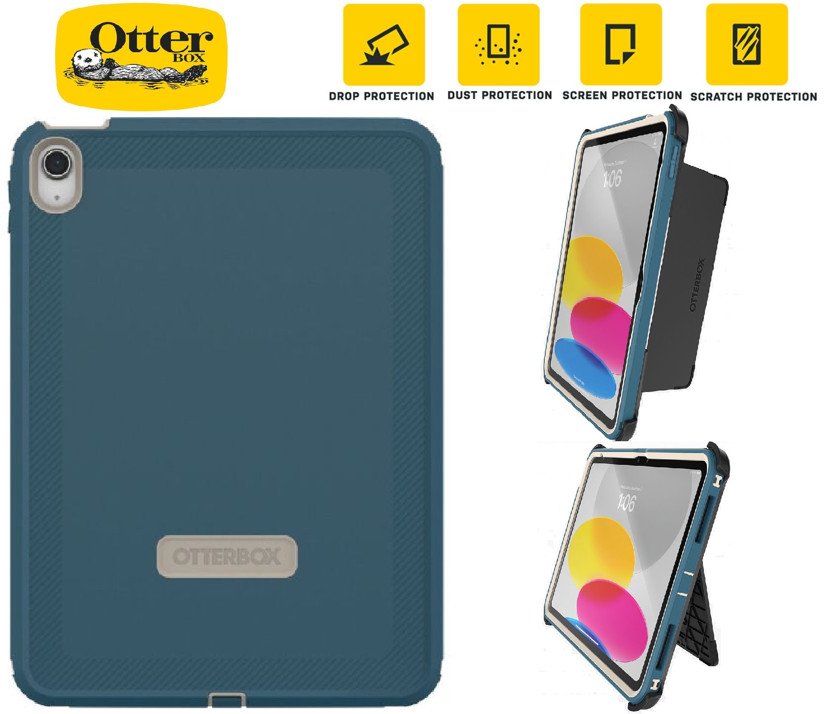 OtterBox Rugged Defender Apple iPad (11") (A16) (11th Gen) / iPad (10.9") (10th Gen) Kickstand Case Blue - (77-90081)