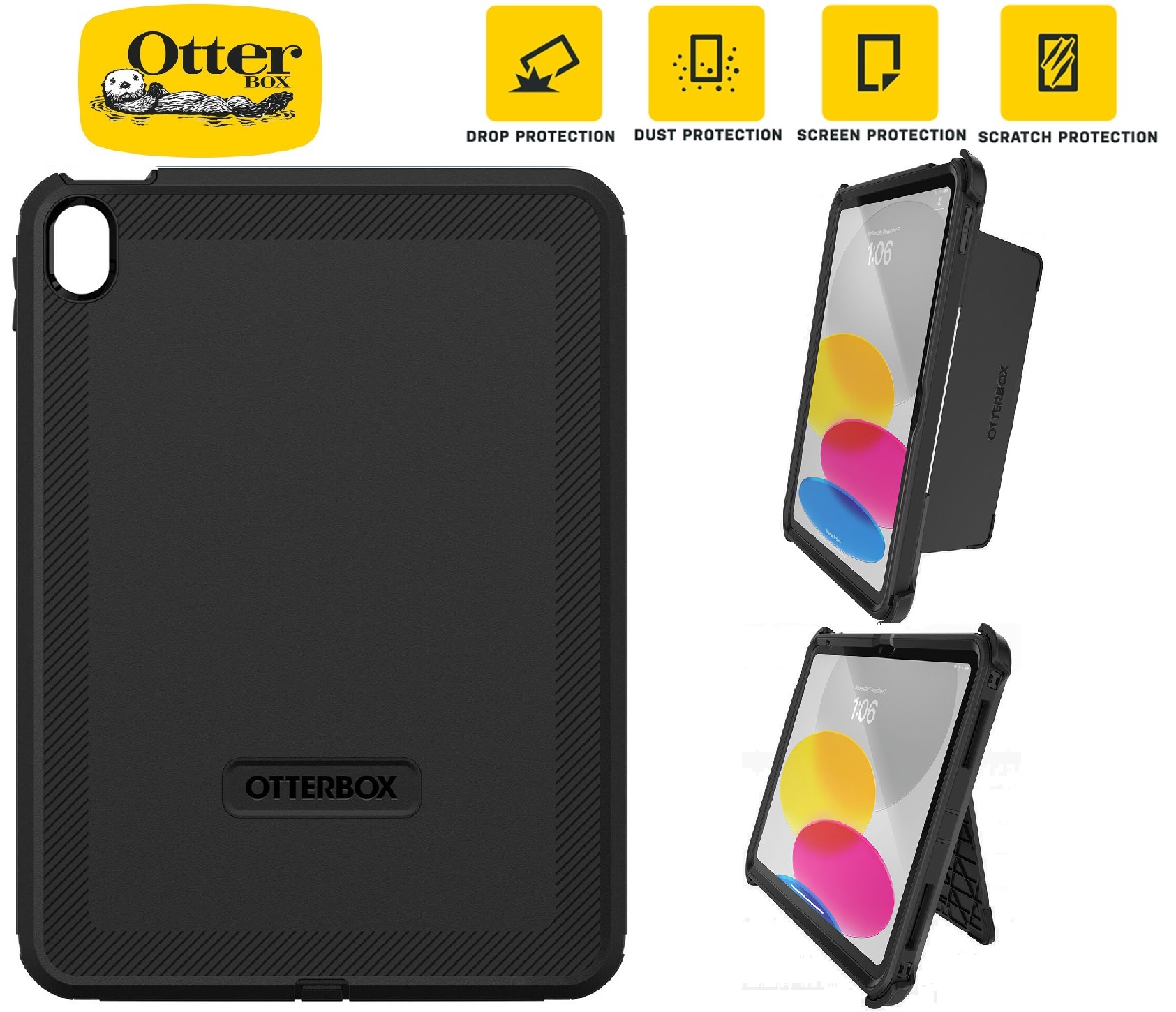 OtterBox Rugged Defender Apple iPad (11") (A16) (11th Gen) / iPad (10.9") (10th Gen) Kickstand Case Black - (77-89953)