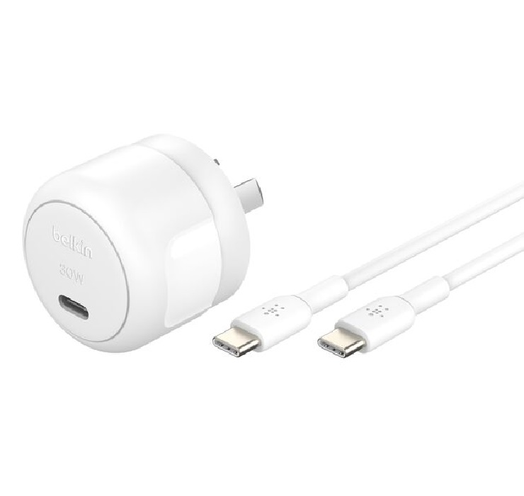 Belkin BoostCharge Compact 30W USB-C (PD 3.1) Wall Charger + USB-C to USB-C Cable (1M) - White (WCA008au1MWH-B6)