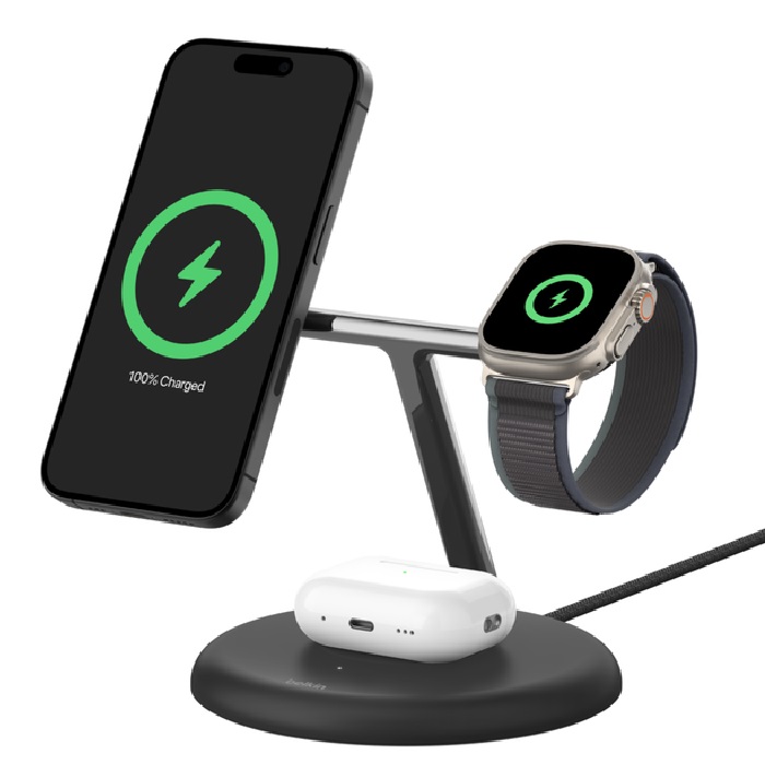 Belkin BoostCharge Pro 3-in-1 Magnetic Qi2 Wireless Charging Stand + 36W Wall Charger + USB-C Cable - Black(WIZ023AUBK)