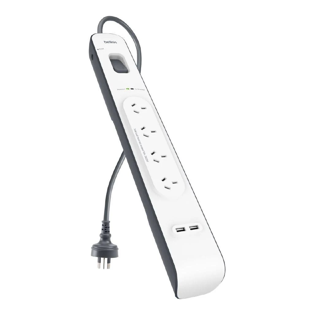 Belkin SurgePlus 4-Outlet Surge Protector With 2x USB Port 2.4 Amp (BSV401au2M) - Heavy Duty 2M Power Cord