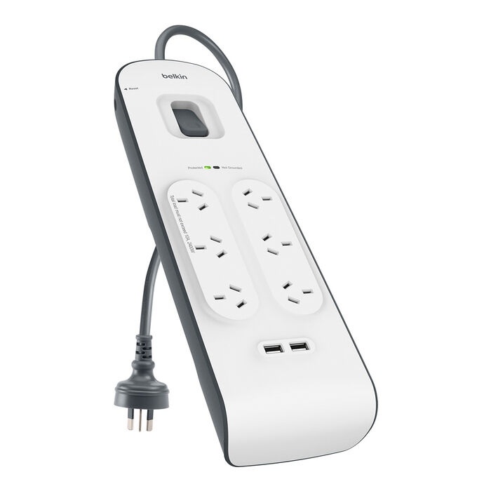 Belkin SurgePlus 6-Outlet Surge Protector With 2x USB Port 2.4 Amp (BSV604au2M) - Heavy Duty 2M Power Cord