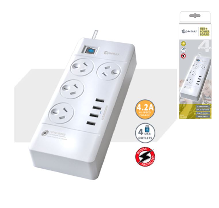 Sansai 4 Outlets 4 USB Outlets Surge Protected Powerboard Master On/Off switch 1M lead Right angle plug 230-240VAC IV Retail box