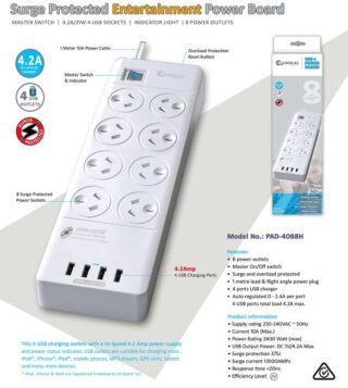 Sansai 8 Outlets 4 USB Outlets Surge Protected Powerboard Master On/Off switch 1M lead Right angle plug 230-240VAC IV Retail box