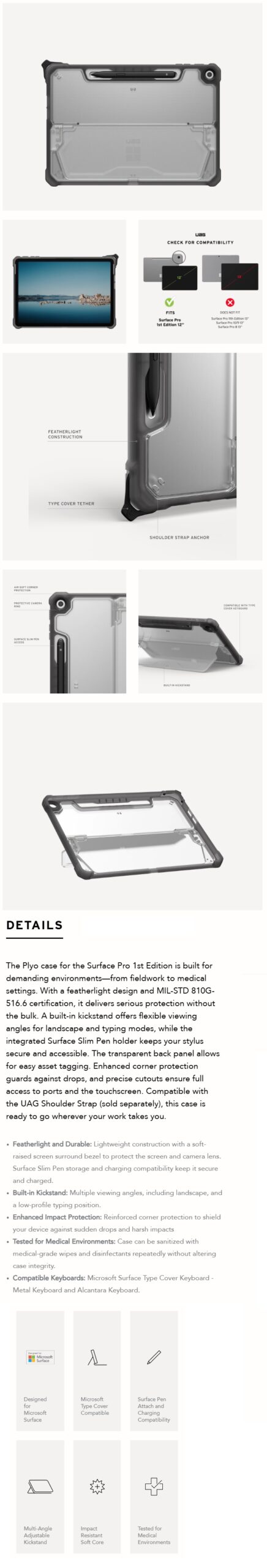 UAG Plyo Microsoft Surface Pro (12") (1st Edition) Rugged Case - Ice/Ash (324021114331), Built-in Kickstand, Surface Slim Pen Holder, 10-Year Warranty - Image 2