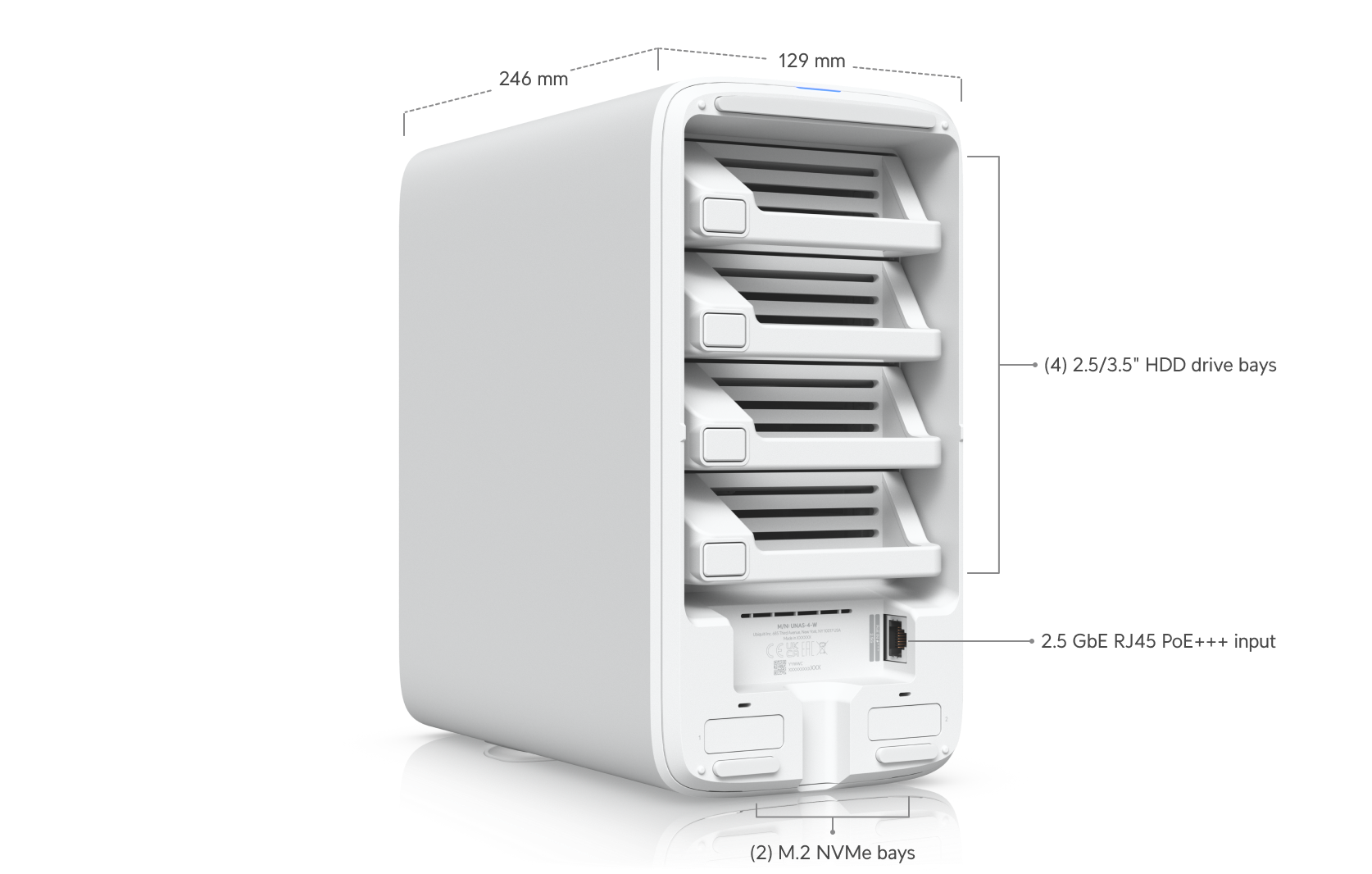 Ubiquiti UNAS 4, White, UniFi Network Storage (4)2.5/3.5" HDD Bays,(2)M.2 NVMe SSD Cach Slot,2.5 GbE, USB-C Connect, PoE+++ Adapter, Compact Footprint - Image 3