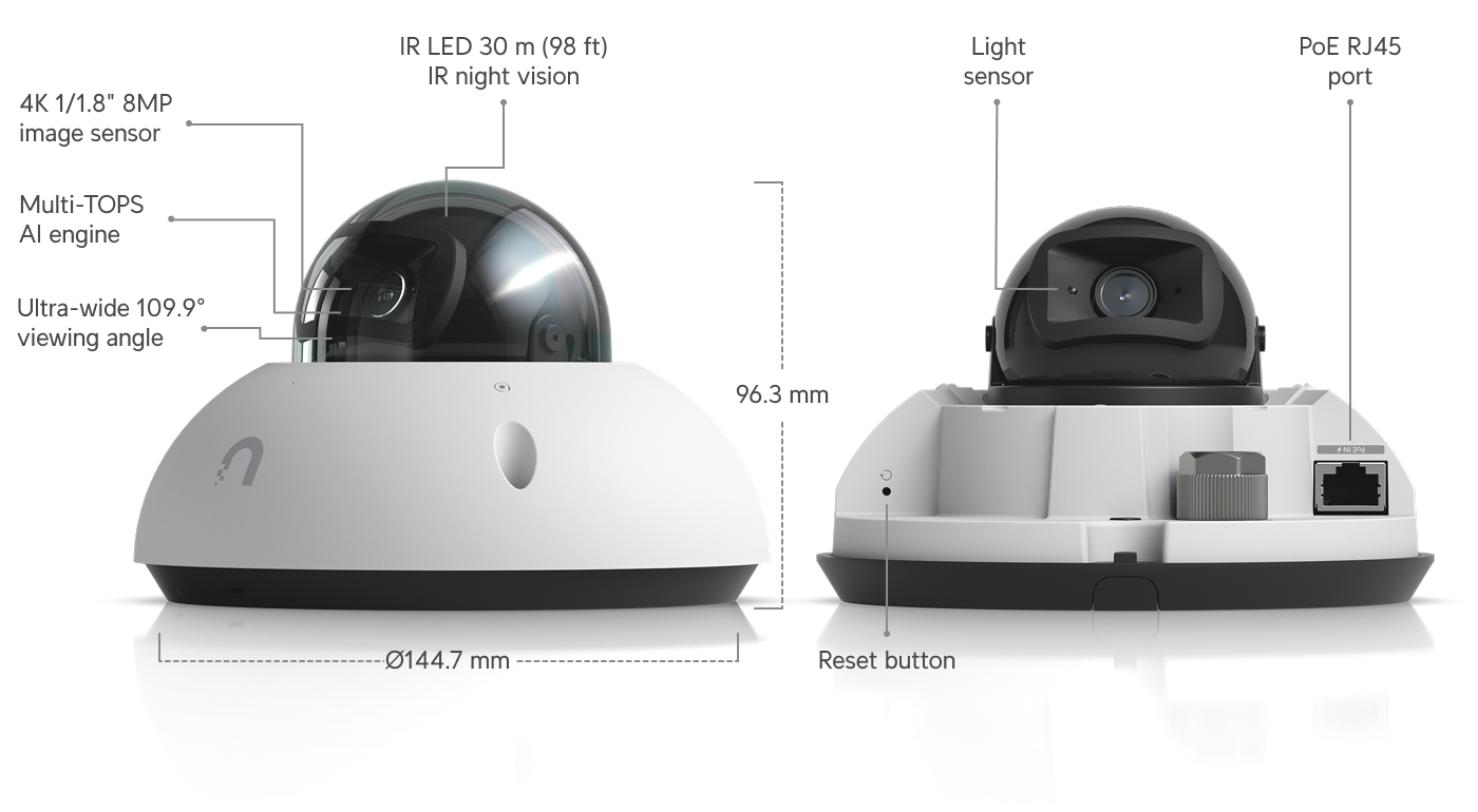 Ubiquiti G6 Dome,White,All weather,Vandal-proof 4K PoE Camera,1/1.8 8MP Image Sensor,Multi-TOPS AI Engine,Longrange IR NightVision*Avail for Deal Reg* - Image 2