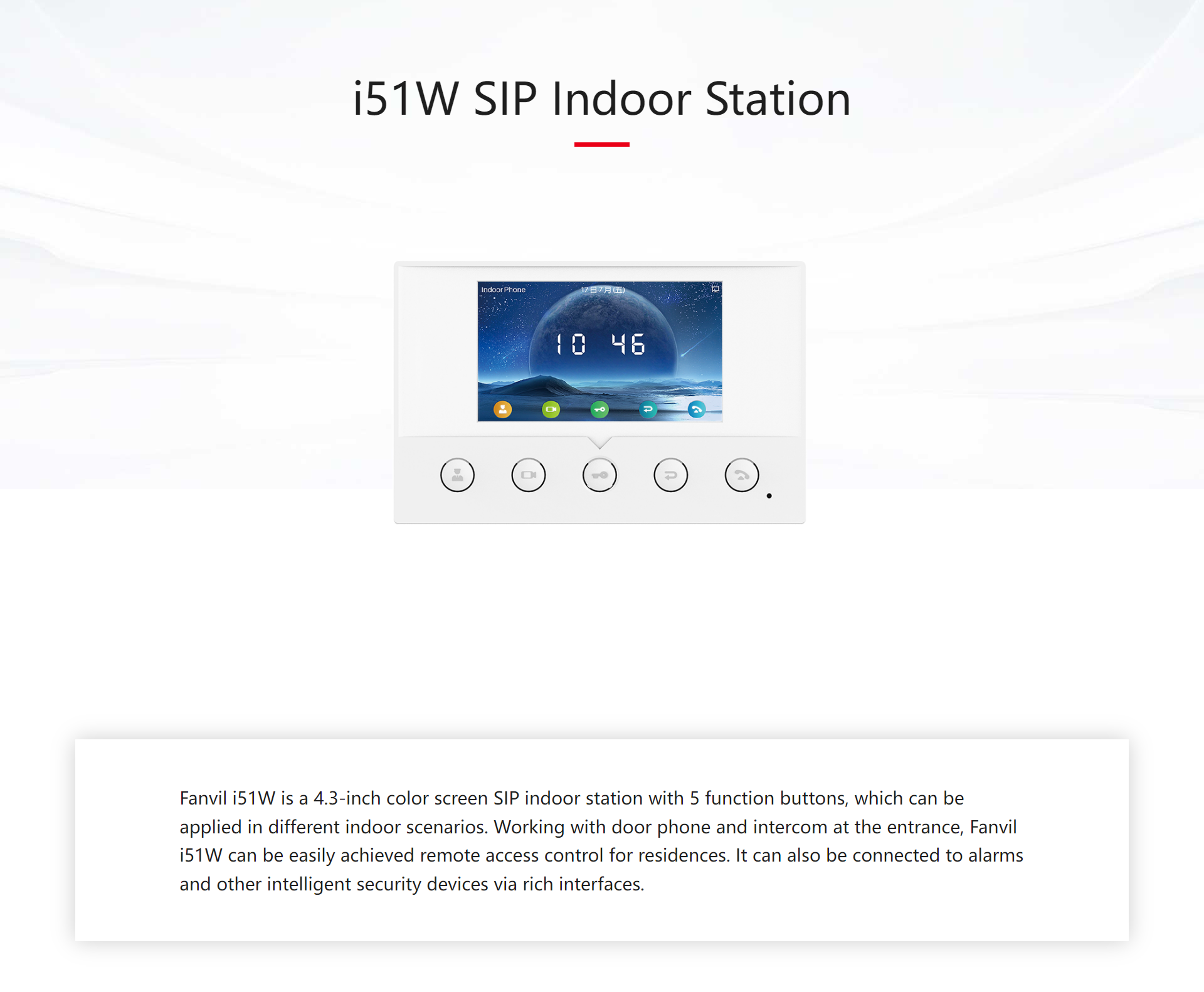 Fanvil i51W Indoor SIP Station, 4 SIP Lines, 5 Buttons, PoE, 4.3" Colour Screen, Linux, ONVIF, 2Yr Warranty - Image 2