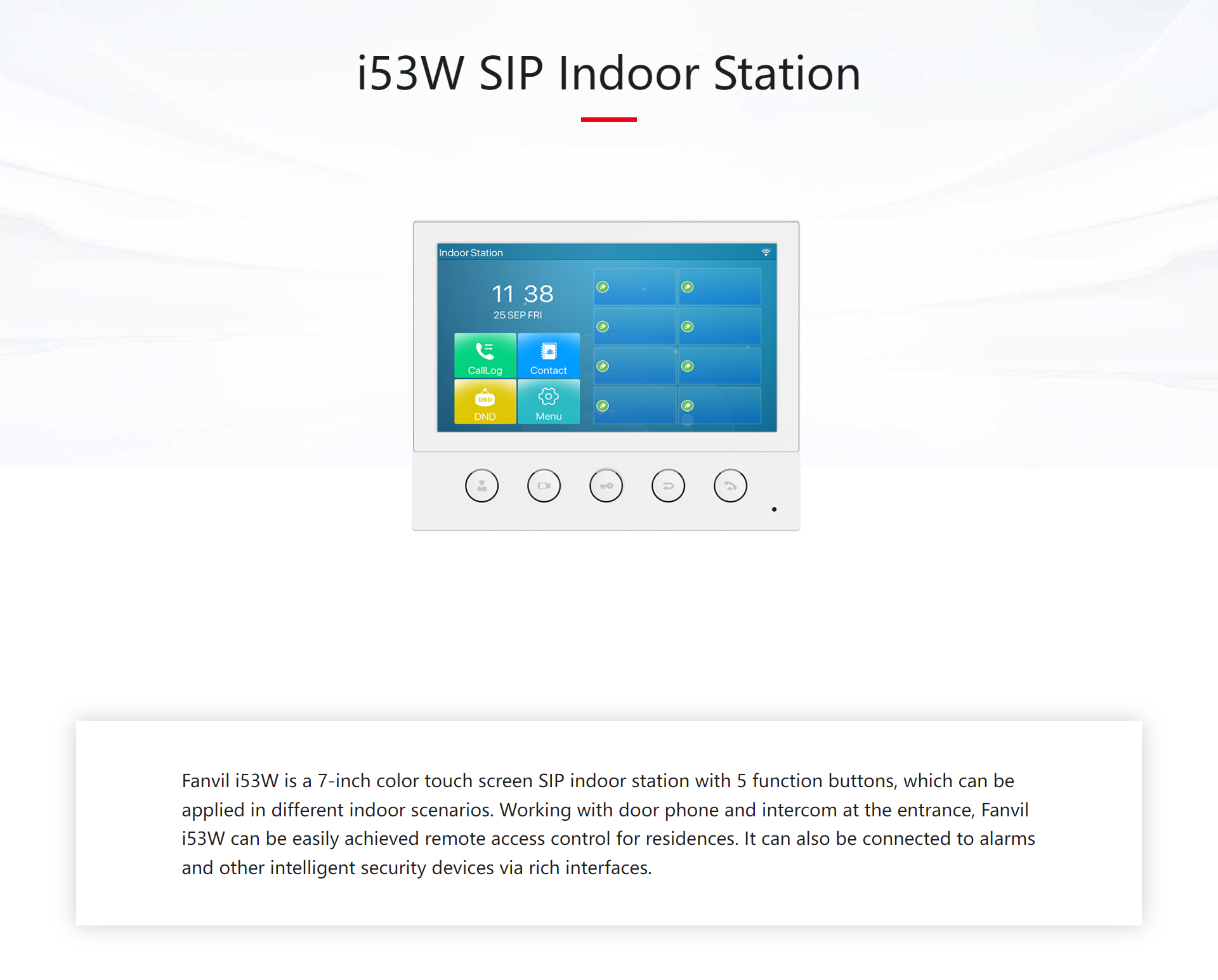 Fanvil i53W Indoor SIP Station, 6 SIP Lines, 5 Buttons, PoE, 7" Colour Touch Screen, Linux, ONVIF, 2Yr Warranty - Image 2