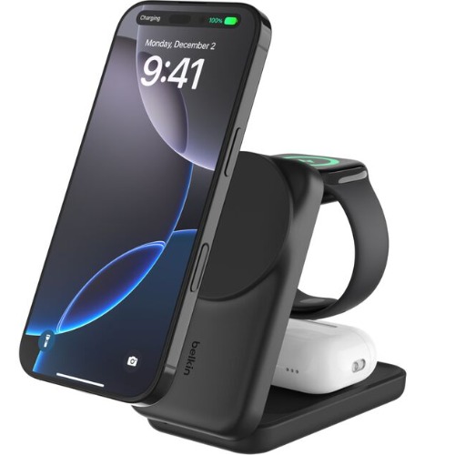 Belkin UltraCharge 3-in-1 Foldable Magnetic Charger With Qi2(25W)+USB-C Wall Charger(45W)+USB-C Cable(15M)-Black(WIZ037auBK)