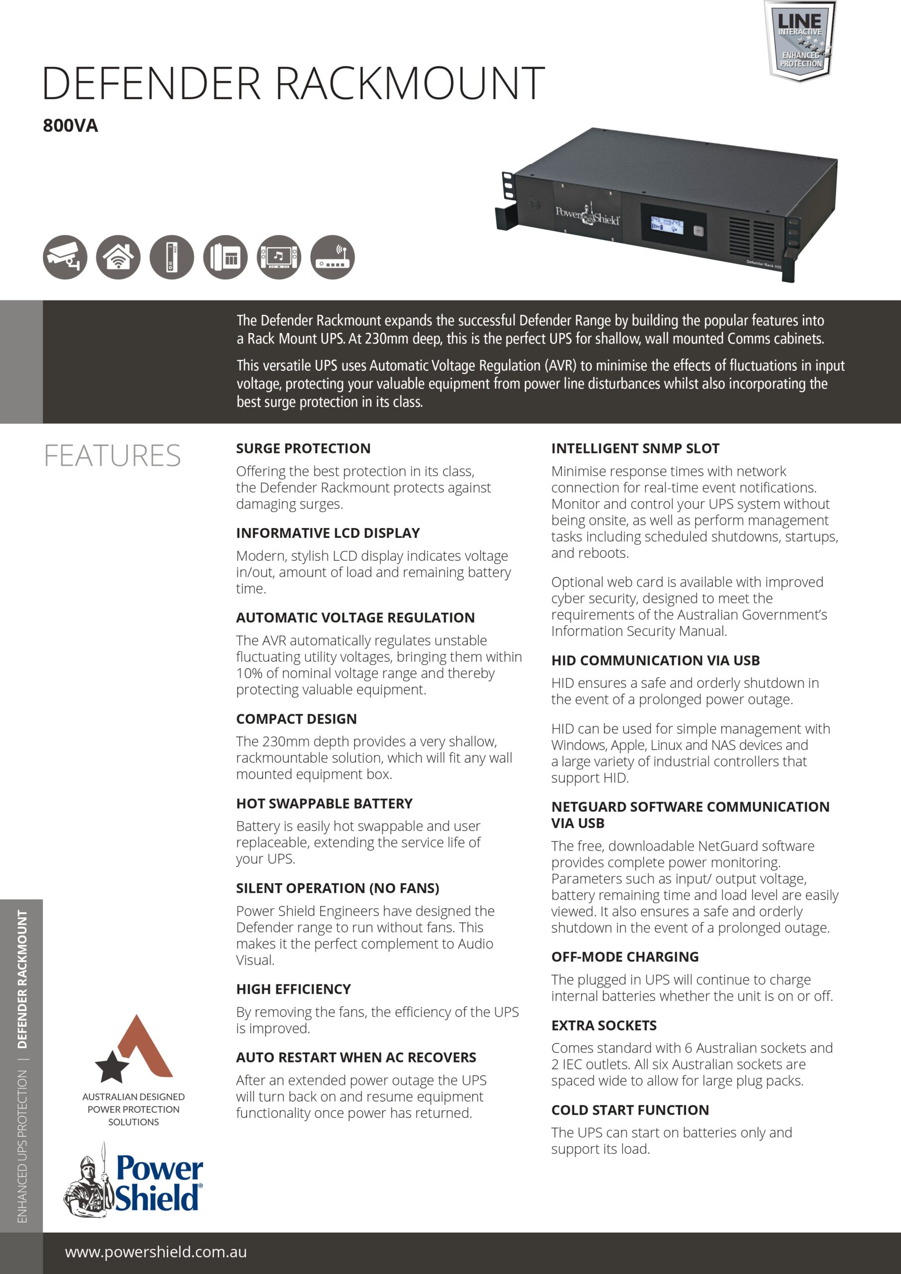 PowerShield Defender RackMount 800VA/480W, 2RU Shallow depth UPS, 6 AUS sockets, 2 x 10 Amp IEC, user-replaceable batteries, 2-year warranty - Image 2