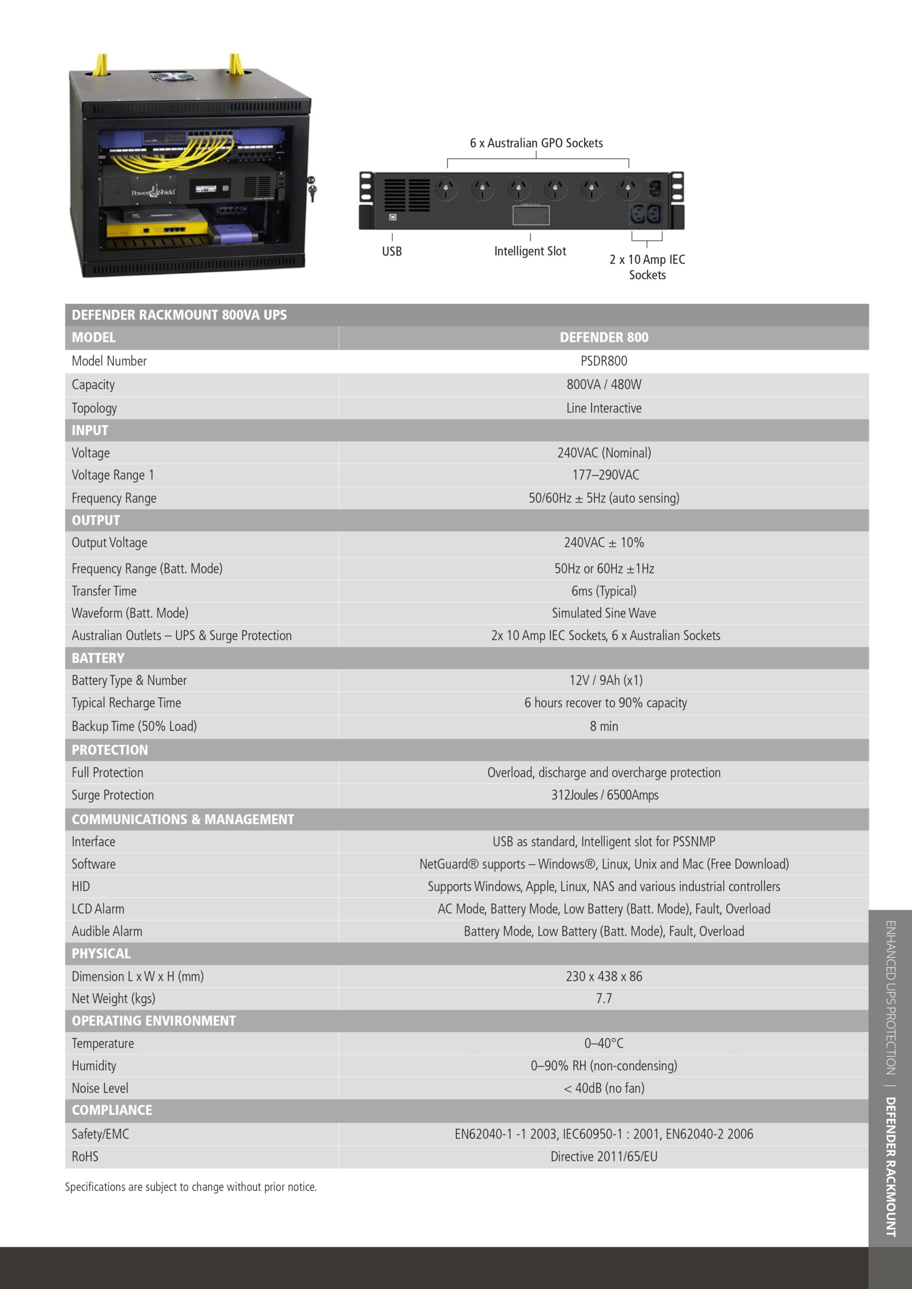 PowerShield Defender RackMount 800VA/480W, 2RU Shallow depth UPS, 6 AUS sockets, 2 x 10 Amp IEC, user-replaceable batteries, 2-year warranty - Image 3