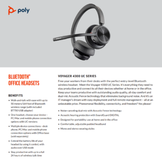Plantronics/Poly Voyager 4310 UC Headset, USB-C, Teams certified, Monaural, Noise canceling boom, Acoustice Fence, SoundGuard, upto 24hrs talk time